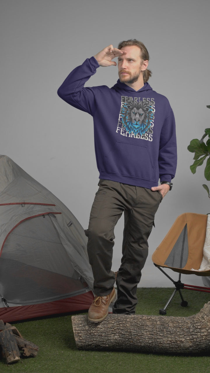 Fearless Lion Graphic Hoodie, Heavy Blend, Soft Cotton-Polyester, Electric Blue Highlights