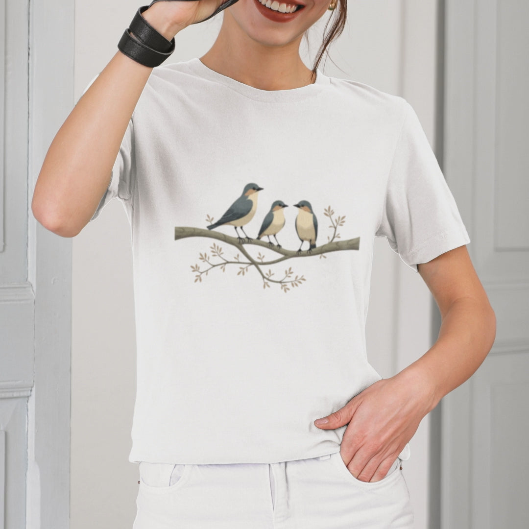 Nature-Inspired T-Shirt with Charming Bird Design – Blue-Gray Wings & Cream Bellies