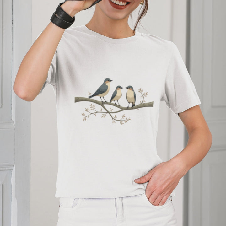 Nature-Inspired T-Shirt with Charming Bird Design – Blue-Gray Wings & Cream Bellies